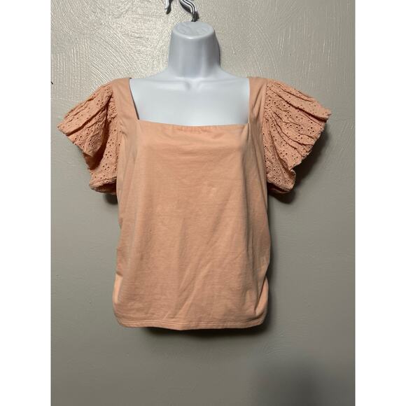 Express Pink Square Neck Eyelet Short Sleeve Rouched Sides Back Bow Size Medium - Picture 2 of 13